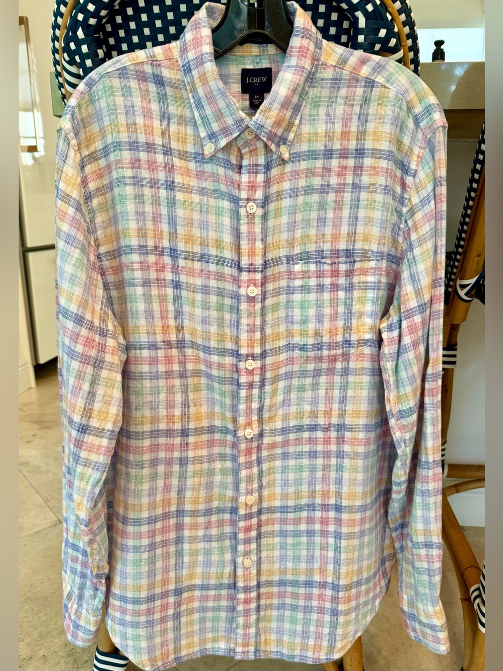J. Crew Men's Pastel Plaid Button-Down Shirt - Multi 75% Linen 25% Cotton